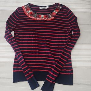 Women's Altuzarra Striped Navy and Red Sweater with Embellished Collar